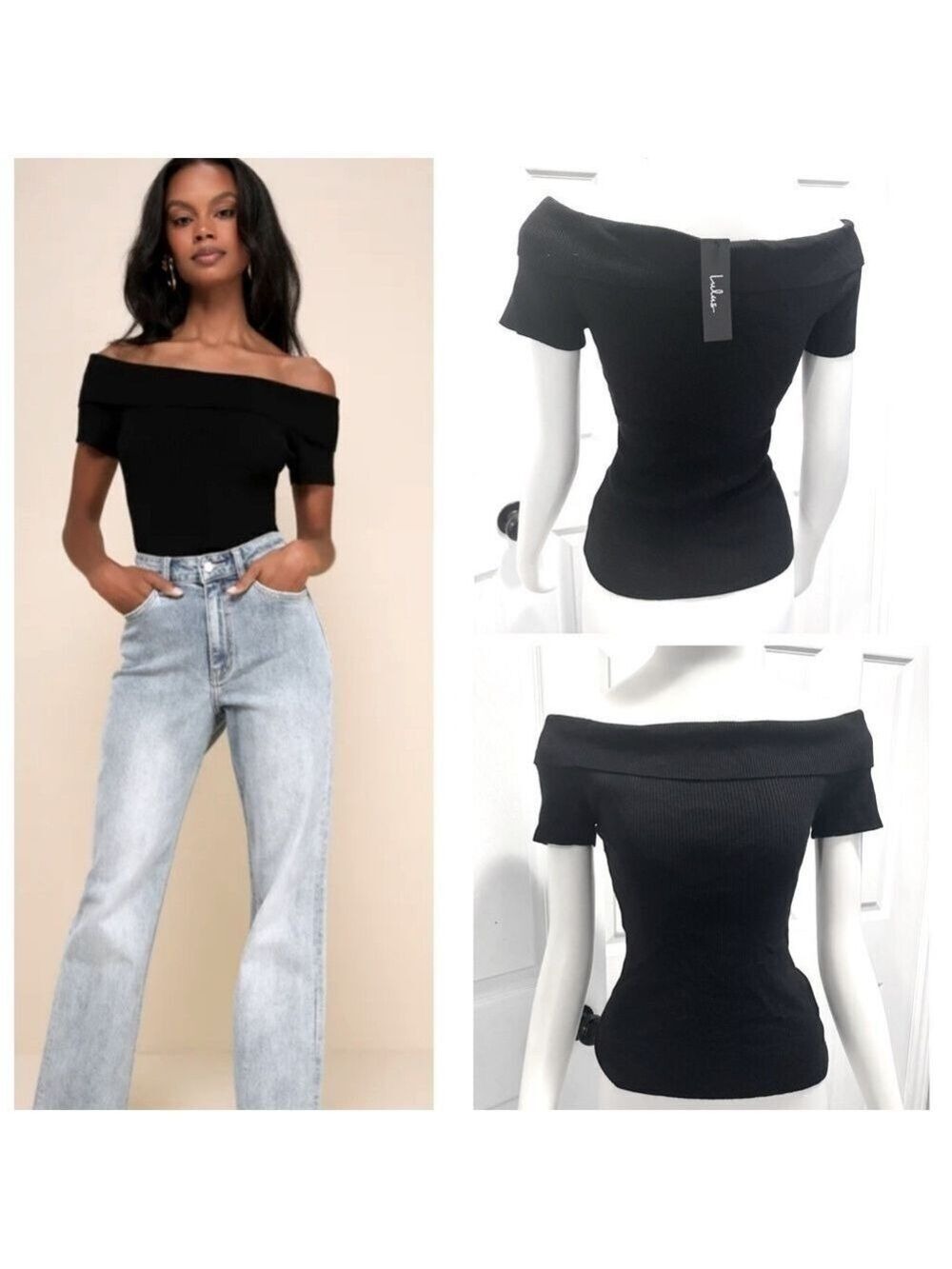NWT Lulu’s Easily Endearing Black Ribbed Knit Off-the-Shoulder Top Sz Large NEW